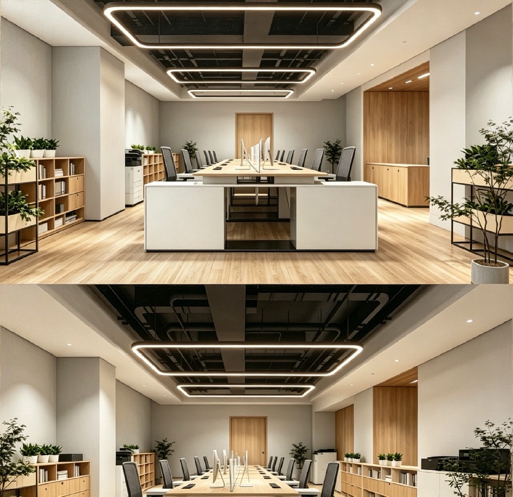 Office Lighting Case — Long Rectilinear Pendant with Rounded Corners